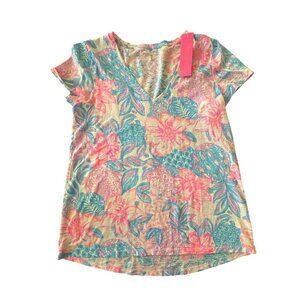 Lilly Pulitzer Etta V-Neck T-Shirt Size Medium Floral Pink Blue White Womens NWT
